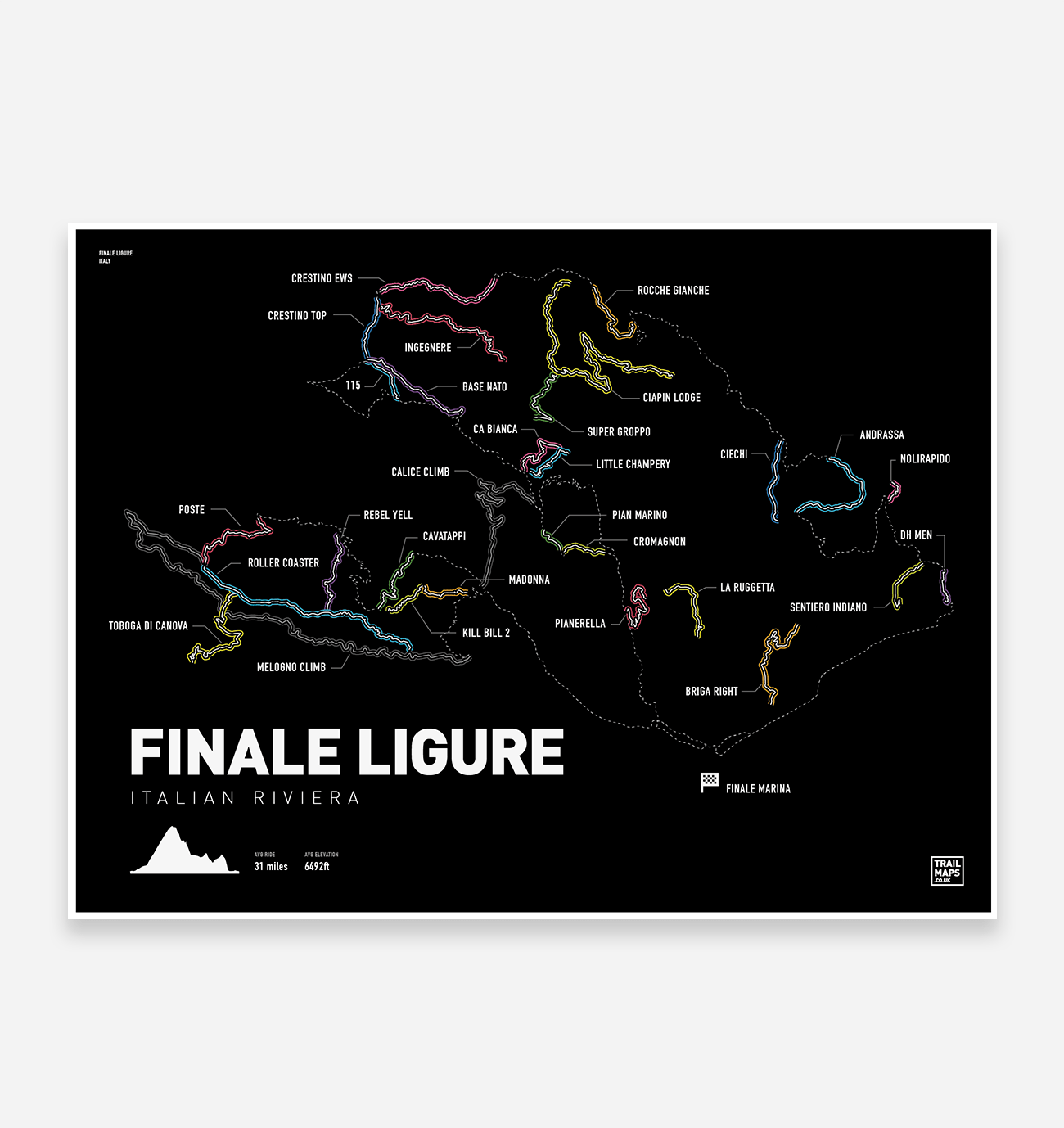 finale ligure mountainbike trail map Finale Ligure Art Print – TrailMaps