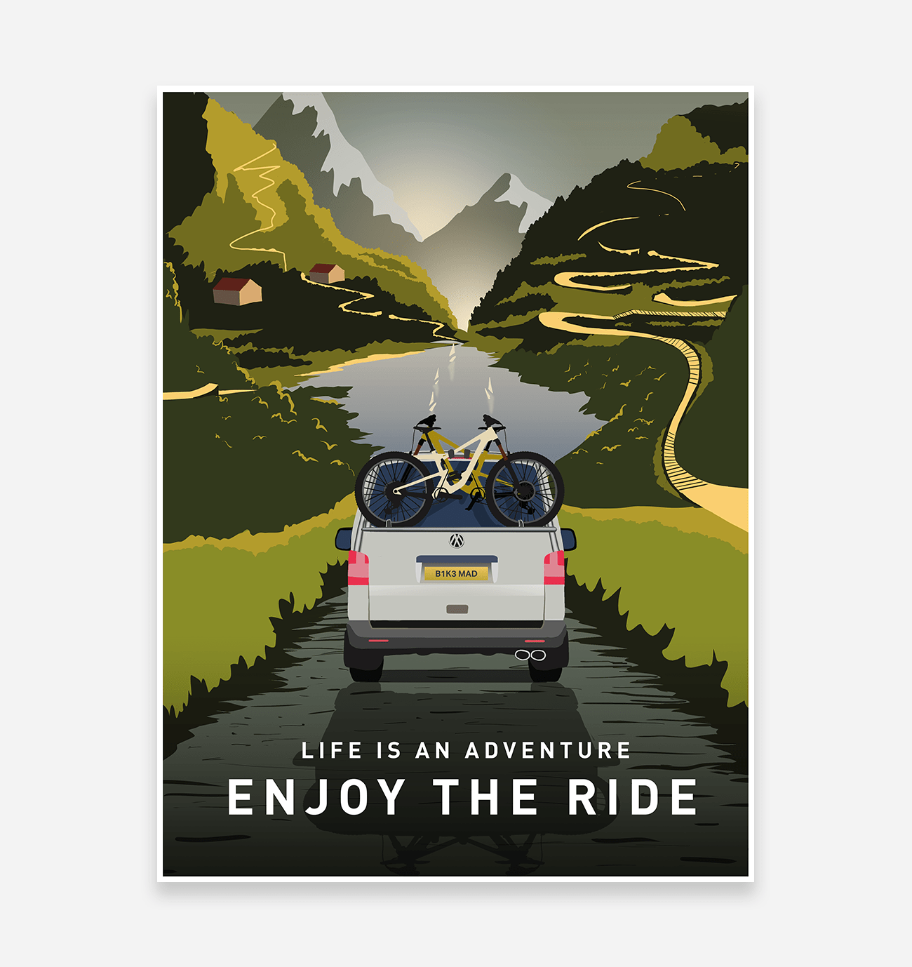 Enjoy The Ride Mountain Bike Art Print with T5 VW Camper Van