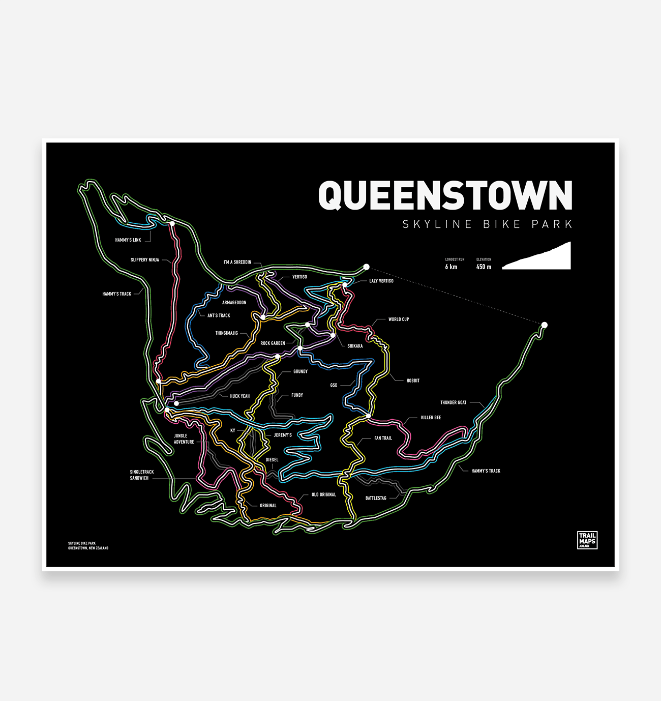 Queenstown Skyline Bike Park Art Print - TrailMaps.co.uk