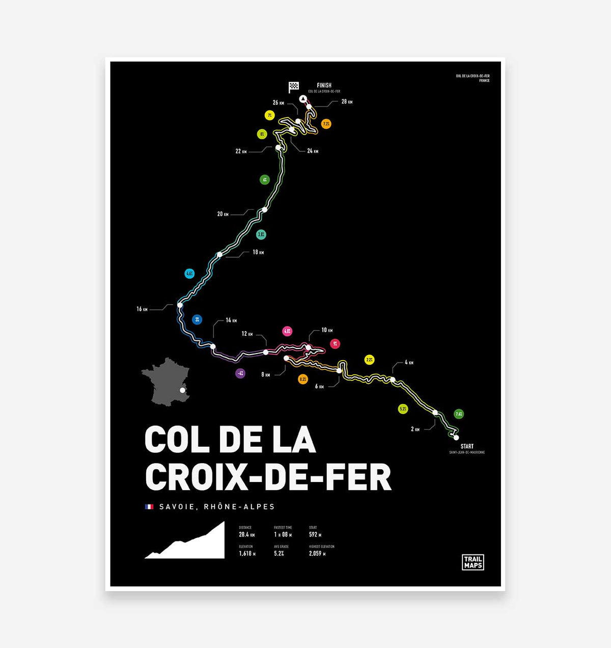 Col De La Croix-De-Fer Art Print - TrailMaps