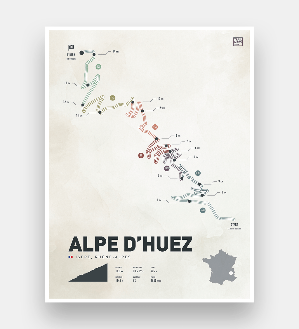 Alpe D'Huez Washed Road Climb Art Print - TrailMaps