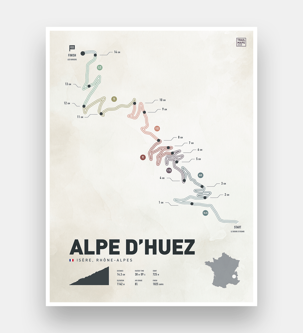 Alpe D'Huez Washed Road Climb Art Print - TrailMaps