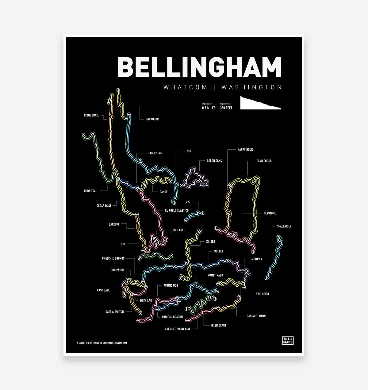 Bellingham Washington Mountain Bike Art Print - TrailMaps