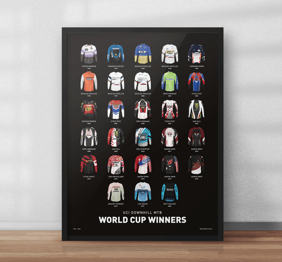 World Cup Downhill Winners Art Print - Black - TrailMaps