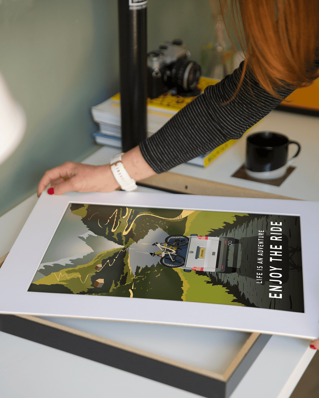 Enjoy The Ride Mountain Bike Art Print with T5 VW Camper Van - TrailMaps