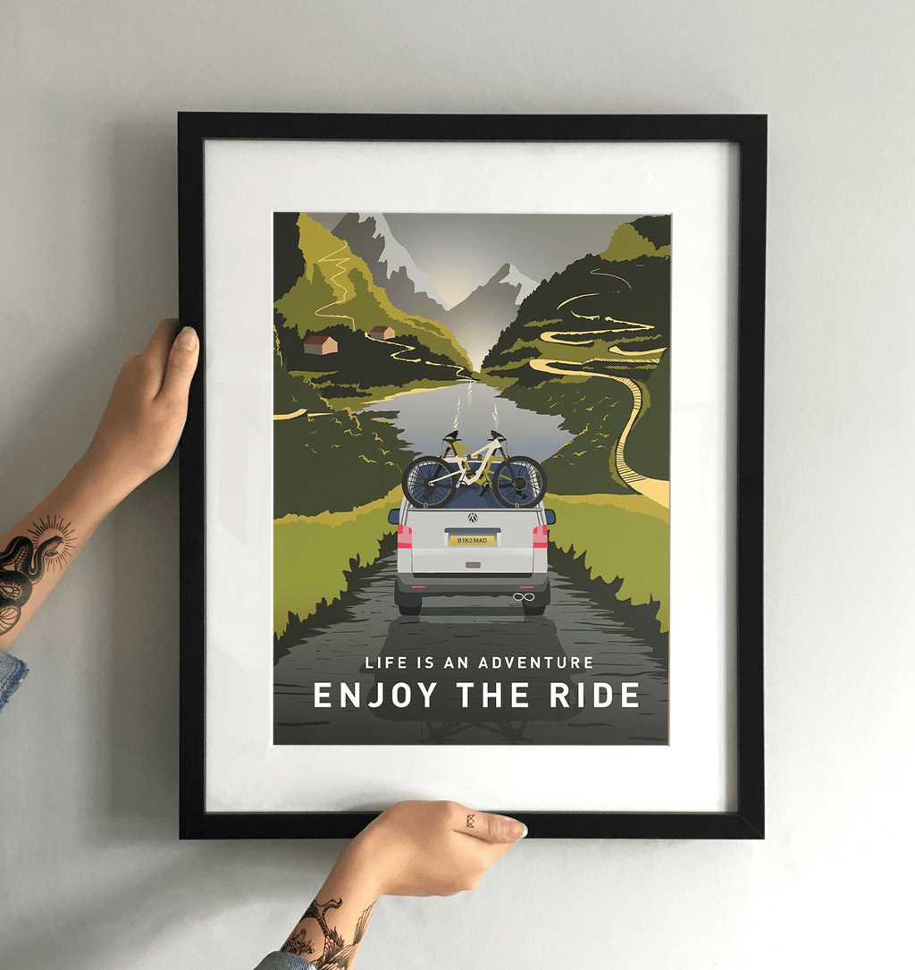Enjoy The Ride Mountain Bike Art Print with T5 VW Camper Van - TrailMaps