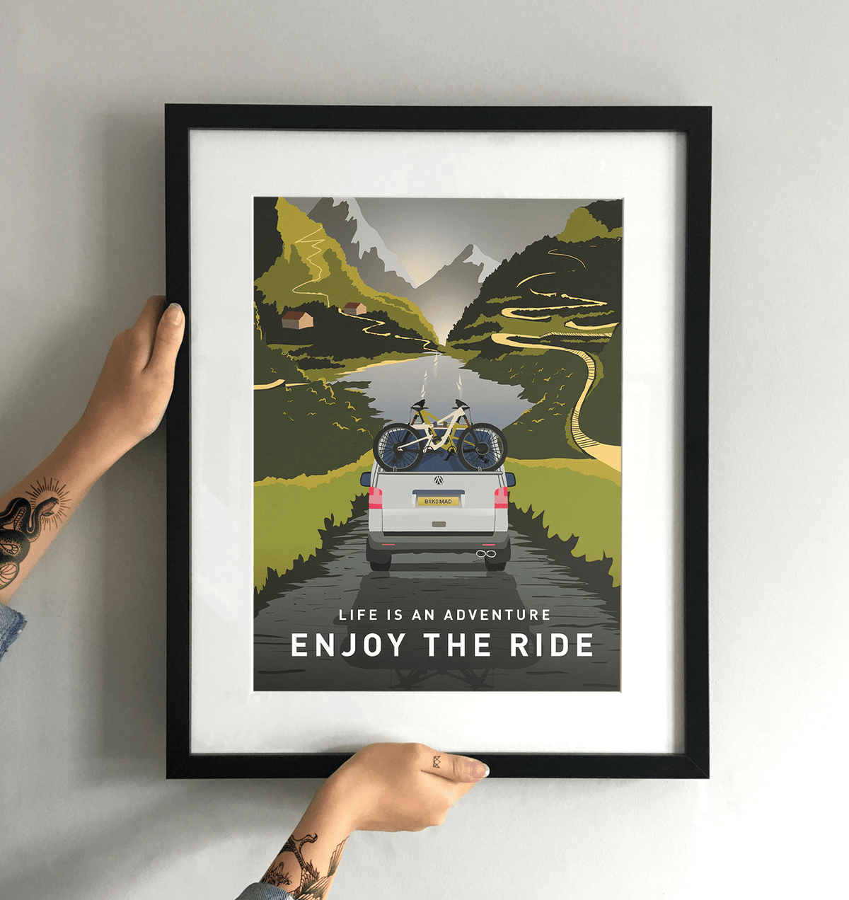 Enjoy The Ride Mountain Bike Art Print with T5 VW Camper Van - TrailMaps