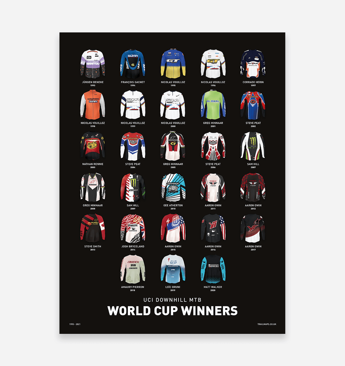 World Cup Downhill Winners Art Print - Black - TrailMaps