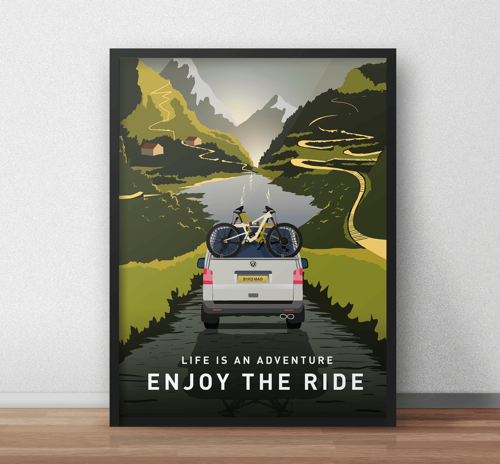 Enjoy The Ride Mountain Bike Art Print with T5 VW Camper Van - TrailMaps