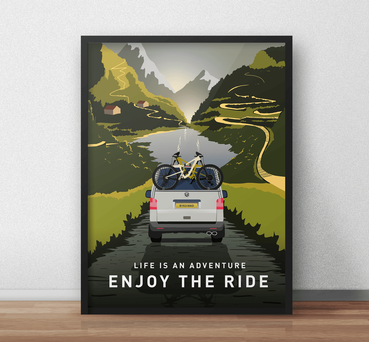 Enjoy The Ride Mountain Bike Art Print with T5 VW Camper Van - TrailMaps