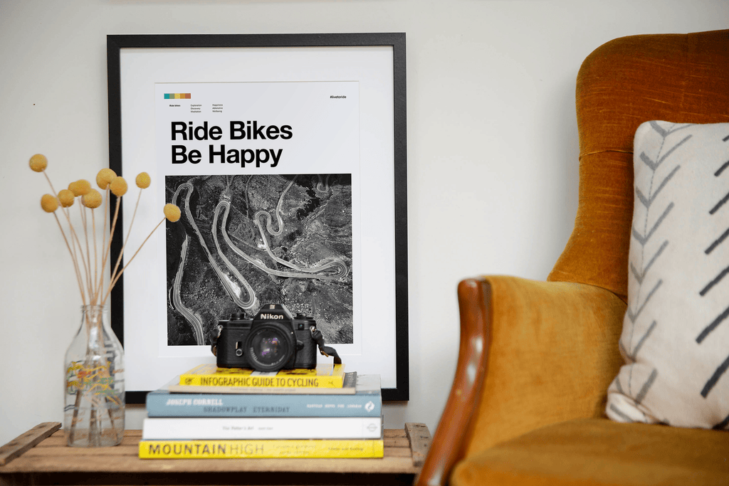 Road Cycling Art Print - Ride Bikes Be Happy - TrailMaps