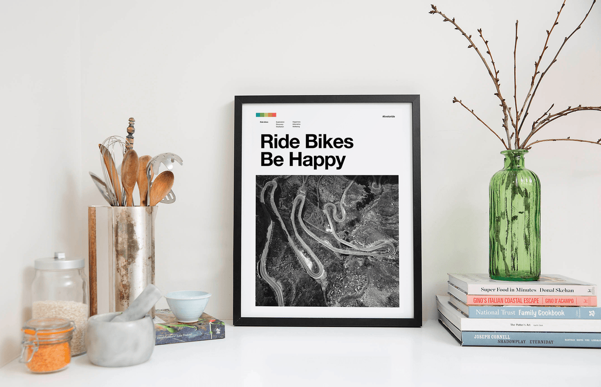 Road Cycling Art Print - Ride Bikes Be Happy - TrailMaps