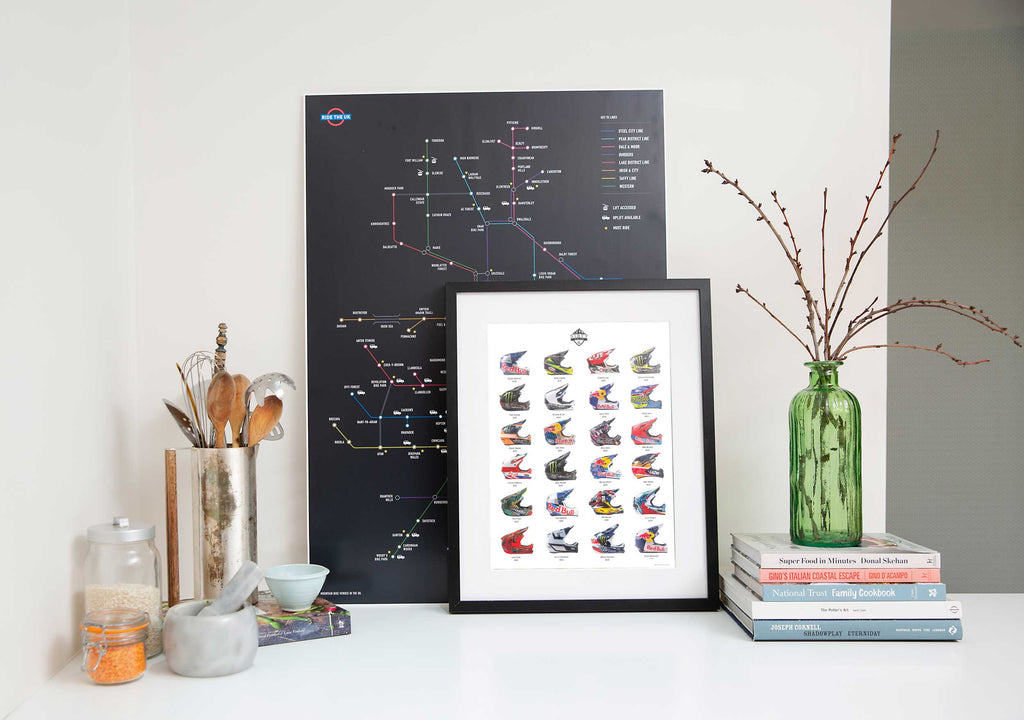 Skid Lids' Mountain Bike Helmets Art Print - TrailMaps